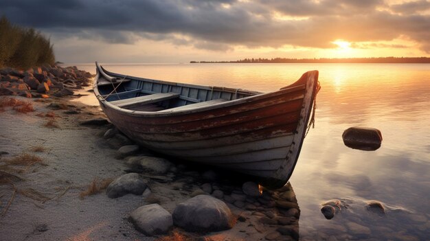 A rowboat moored near the shore