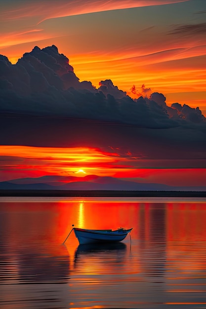 A rowboat watches an amazing sunset