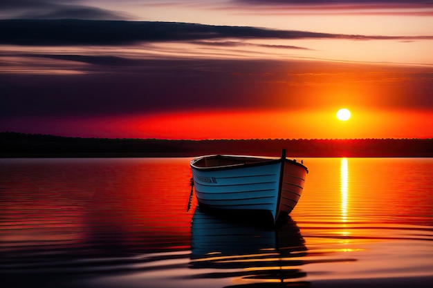 A rowboat watches an amazing sunset