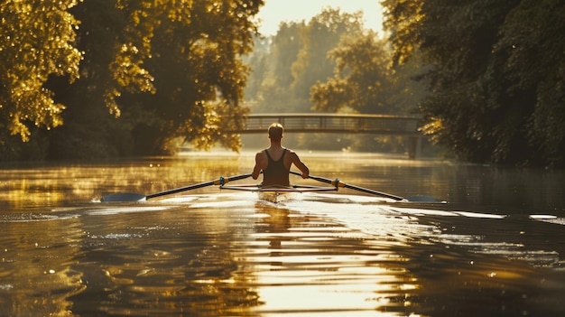 A rower cuts through golden water at dawn bridging tranquility and ambition