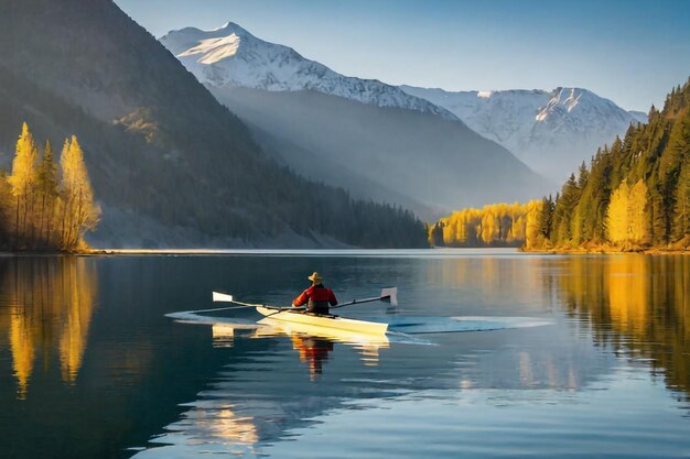 Rower gliding on a calm lake with mountains and sun rays