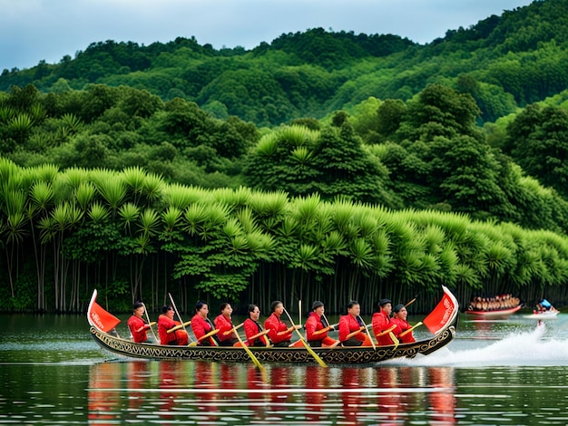 Photo rowing dragon boats during duanwu