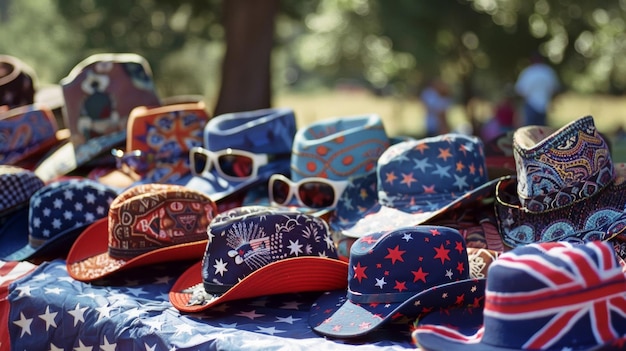 Photo rows of american flagprinted hats bandanas and sunglasses catching the sunlight on a table a