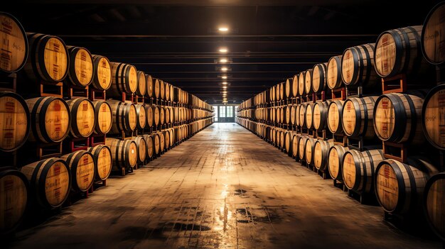 a rows of barrels in a warehouse