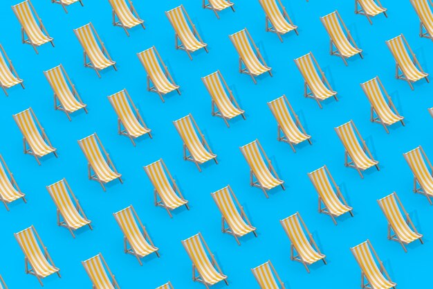 Rows of Beach Chairs in Isometric Style on a blue background. 3d Rendering