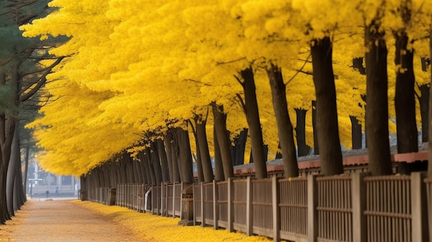 아름다운 노란 은행나무 줄 생성 AI