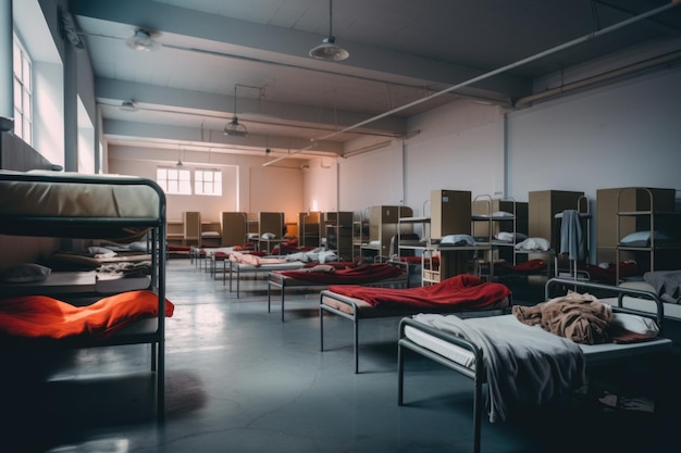 Rows of beds in a shelter The concept is social assistance