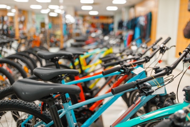 Rows of bicycles in sports shop