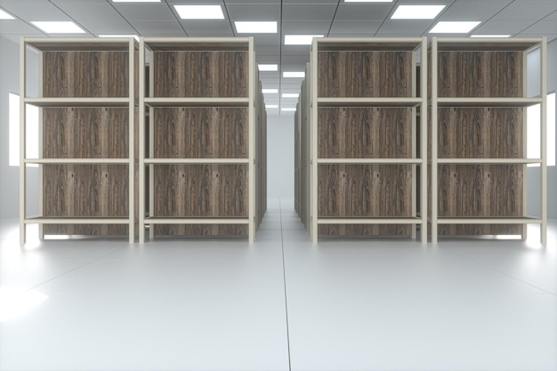 Photo rows of bookshelves in the bright room 3d rendering