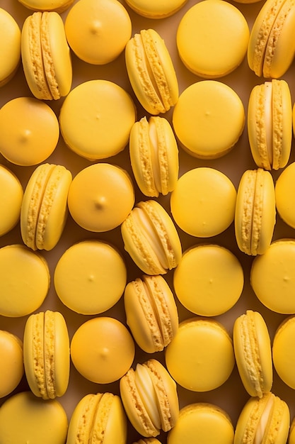 Rows of bright yellow macarons background ai generated