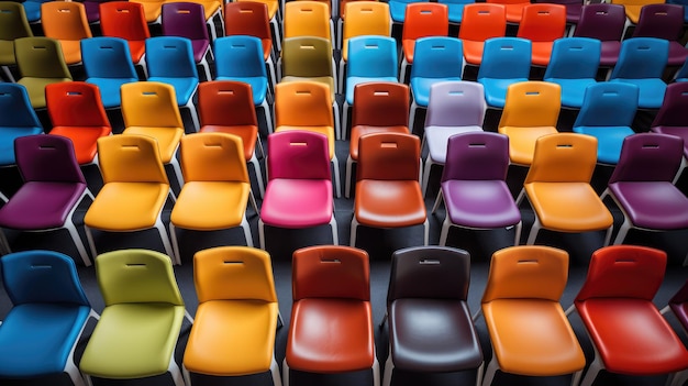Rows of brightly colored chairs set up in a meeting room awaiting attendees Top view