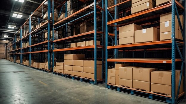 Rows of brown boxes on warehouse shelving