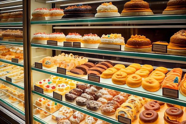 Photo rows of buns doughnuts and pastries in pastry shop