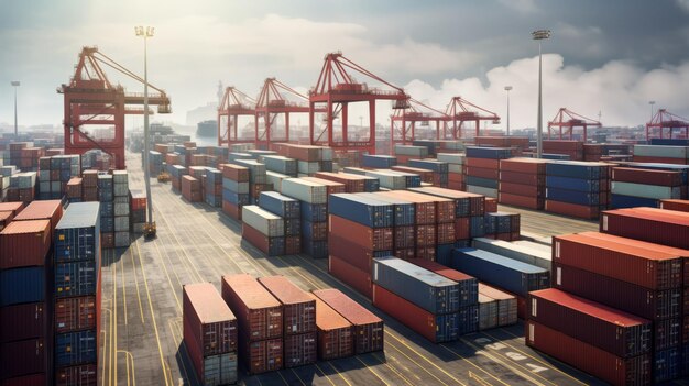 Rows of cargo containers rest atop massive container ships docked at an industrial port generative AI