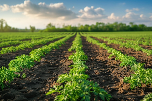 Photo rows of carrot plants in field