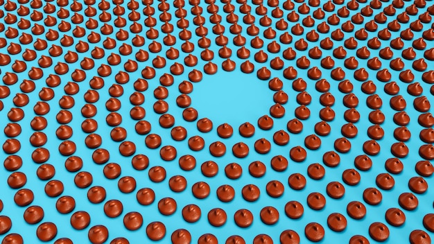 Rows of Chocolate Chips morsels or drops around the circle on isolated background 3d illustration