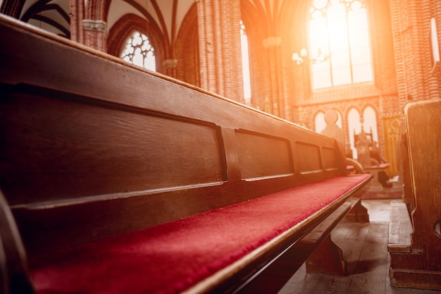 Rows of church benches at the old european catholic church