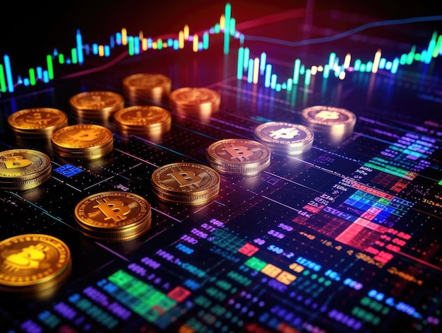 Rows of coins a graph of the stock market trade indicator and piles of coins lay on the stock display screen Generative AI