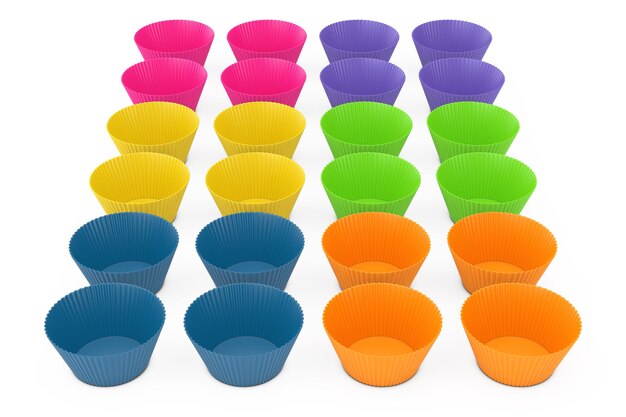 Rows of Colorful Cupcake Silicone Cups on a white background. 3d Rendering