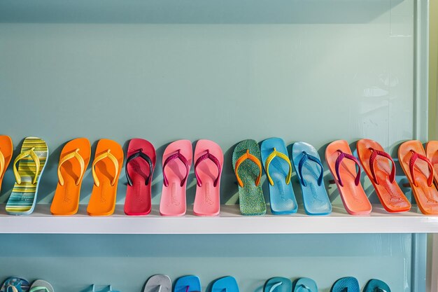 Rows of colorful flipflops on a white shelf against a light blue wall