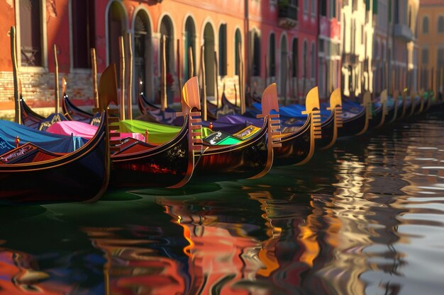 Photo rows of colorful gondolas on a venetian canal