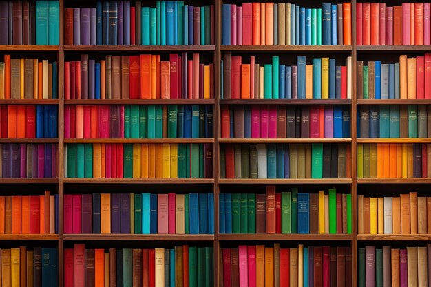 Photo rows of colorful hardcover books tops visible in a wooden bookshelf