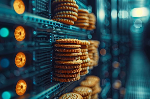 Ряды печенья на стойке в серверной комнате