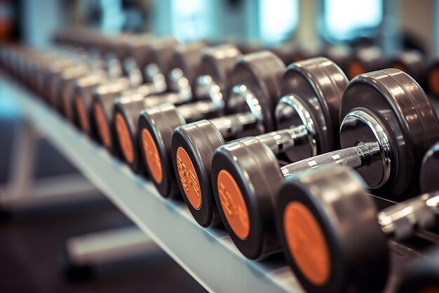 Rows of dumbbells in the gym with hand