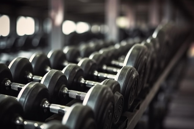 Rows of dumbbells in the gym with hand