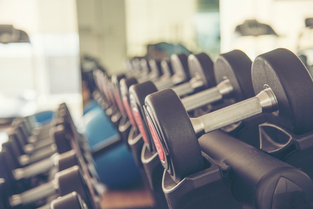 Rows of dumbbells in a gym