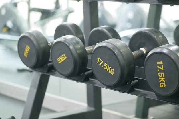 Rows of dumbbells in the gym