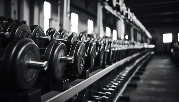 Rows of dumbbells in the gym