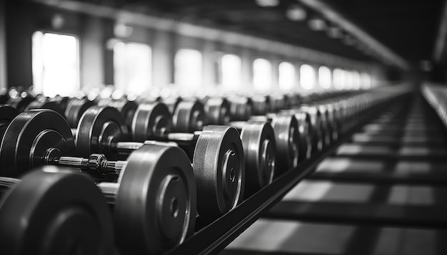 Rows of dumbbells in the gym