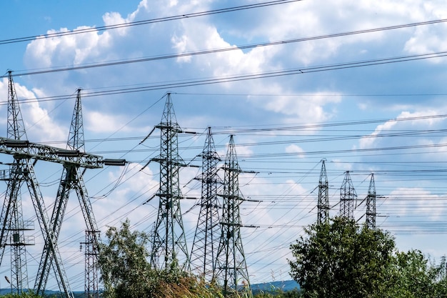 Rows of electrical towers and power lines Horizontal view