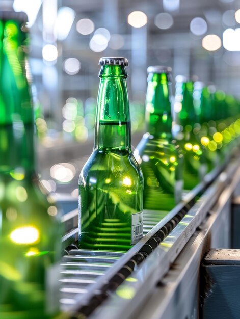 Photo rows of emeraldhued glass bottles their surfaces catching light and creating kaleidoscopic effect