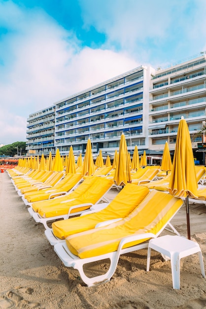 Rows of empty beach lounges in Juan les Pins France