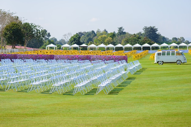 Rows of empty chair seats installed for outdoor