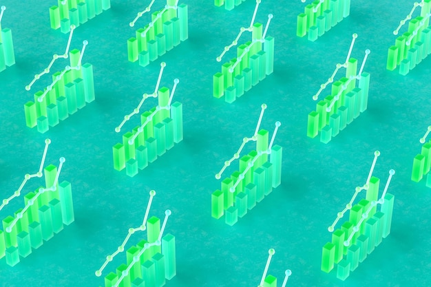 Rows of financial charts on green surface 3d render