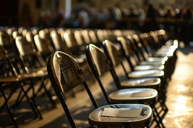 Photo rows of folding chairs in an auditorium selective focus