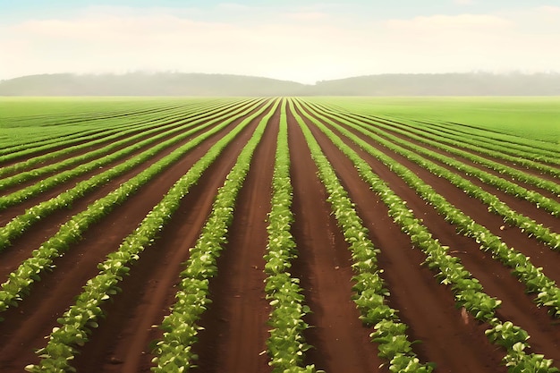 Rows of freshly planted crops realistic photo