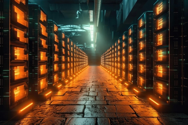 ジェネレーティブAIで作成された輝くライトを持つ未来的なコンピュータサーバーの列