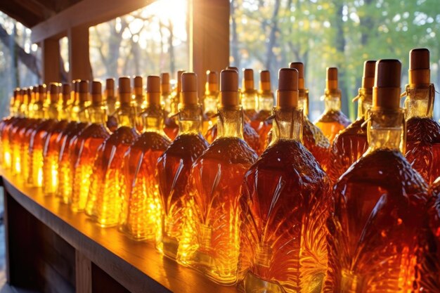 Ряды стеклянных бутылок, наполненных чистым кленовым сиропом, созданным с помощью генеративного аи