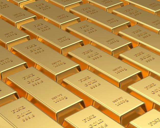 Photo rows of gold bars.