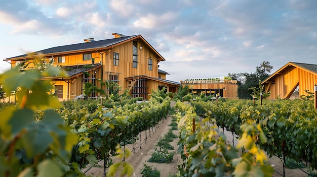 Rows of grape vines in a lush green vineyard with a beautiful modern barn style house in the background