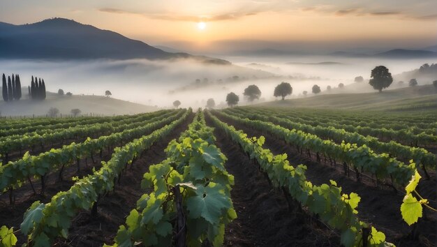 Rows of grapevines in a foggy valley at dawn mysterious and serene