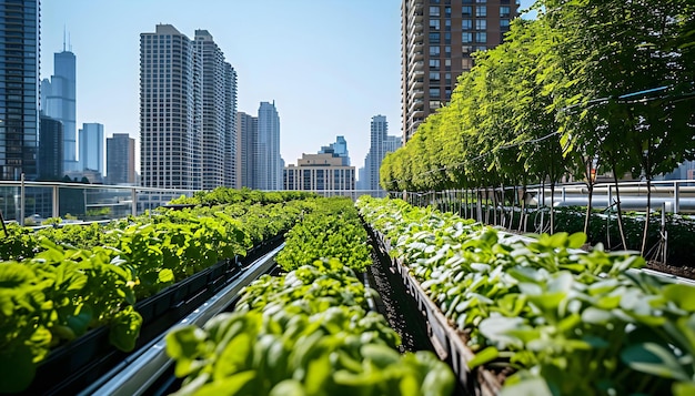 rows of green plants in a city garden