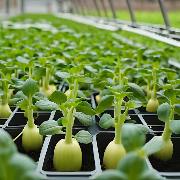 rows of green plants in a greenhouse with a sign that says  veggies