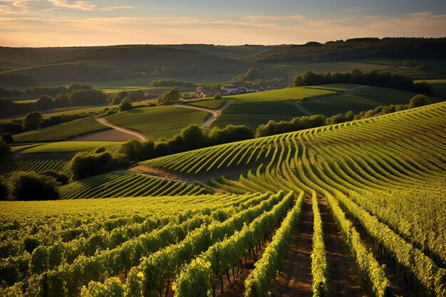 a rows of green plants in a vineyard