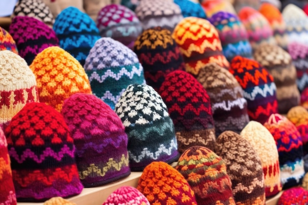 Rows of handmade woolen hats displayed for sale