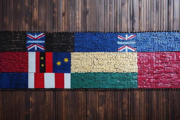 Rows of international flags made out of beads on a weathered wooden surface